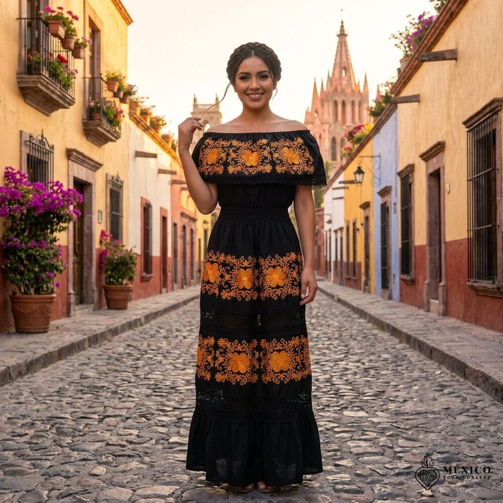 Mexican black peasent  dress day of the dead  fits best Small Medium